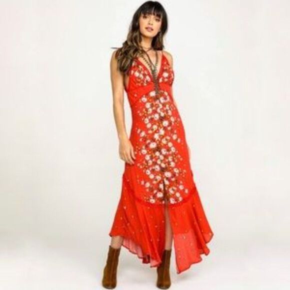 Free People Floral Red Maxi Dress Size Small - Picture 1 of 13